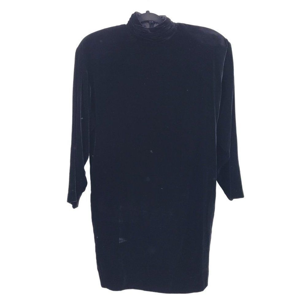 Vintage Leslie Fay Silk Crushed Velvet Long Sleeve Mock Neck Dress 6 Blk Modest‎